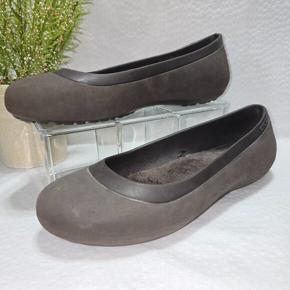 CROCS WOMENS LINA COMFORT BALLET FLATS BROWN FAUX FUR LINING SIZE 8 - Picture 1 of 7